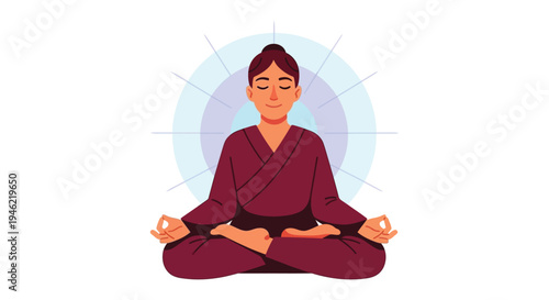 Peaceful woman in deep meditation displaying a calm spiritual energy glow in a simple vector graphic design