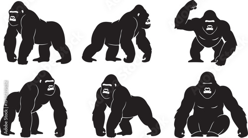 Gorilla Silhouette Set Powerful Primate Wildlife Vector Illustration