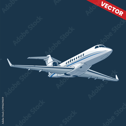 Side View of Executive Private Jet Plane in Flight Realistic Vector Illustration for Business Travel Marketing Corporate Aviation Services and Luxury Charter Flight Advertising Graphics