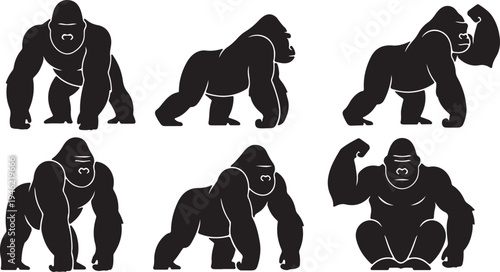 Gorilla Silhouette Set Powerful Primate Wildlife Vector Illustration