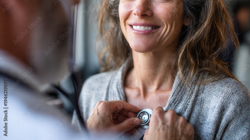 Fototapeta premium Doctor listens to patient's heartbeat with stethoscope during medical checkup