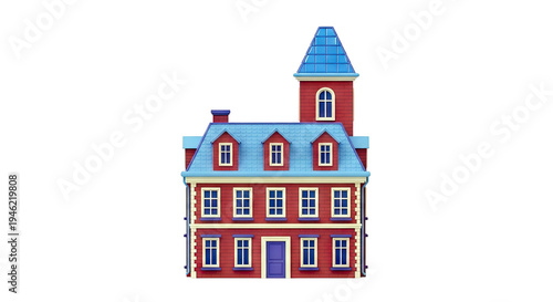 Cartoon Red Brick House with Blue Roof and Tower