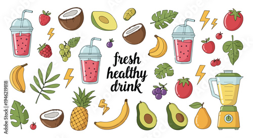 A colorful illustration of various fruits and smoothies with a blender on a white background.