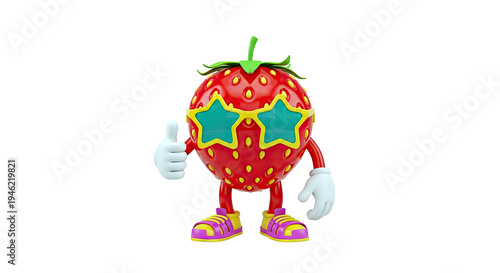 Cartoon Strawberry Character Giving Thumbs Up and Wearing Star Sunglasses