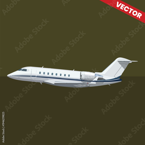 Modern Private Executive Jet Vector Illustration Side View Business Aircraft for Corporate Travel and Aviation Industry Graphic Design Element Isolated on Olive Green Background