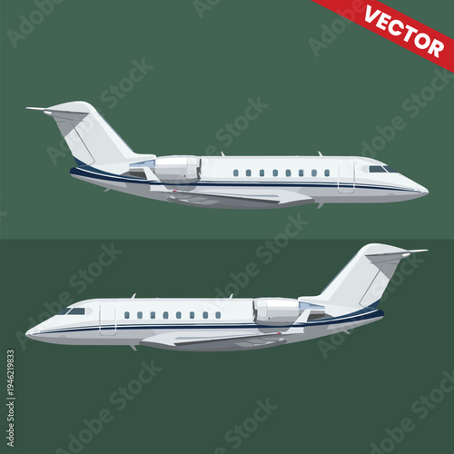 Set of Two Private Jets Vector Illustration Side View Profile Business Aviation Aircraft for Corporate Branding and Travel Design Elements Luxury Executive Planes on Green Background