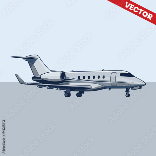Private Business Jet Aircraft Vector Illustration Side View Landing Gear Down on Blue Background Executive Aviation Transport Corporate Travel Plane Graphics Luxury Commuter Airplane Design