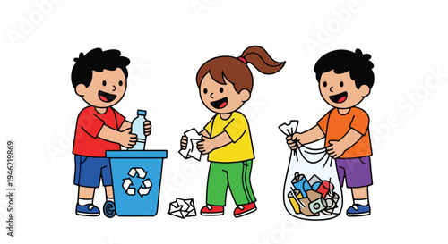 Three happy children are actively participating in recycling by sorting a plastic bottle, paper, and collecting various recyclables in a bag.