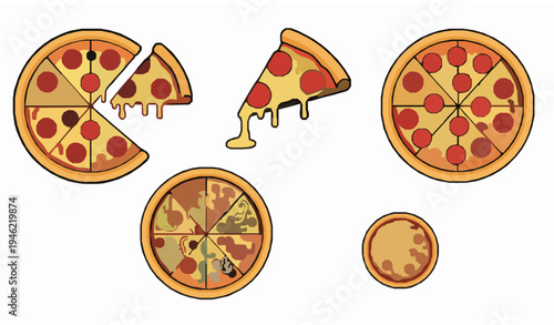Minimal pizza icon set with slice pepperoni cheese and italian fast food vector illustration