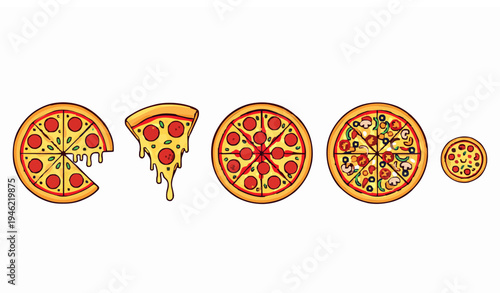 Cartoon pizza collection vector with pepperoni slice cheese pizza and italian fast food set