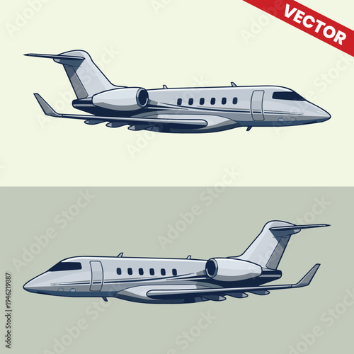 Two Luxury Private Jets in Flight Vector Illustration Comparison of Executive Aircraft Models Business Aviation Corporate Air Charter Services Side View Flat Design Elements