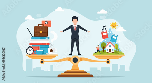 Work Life Balance Concept Illustration with Businessman on Scales