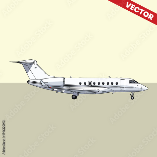 Private Jet Landing With Gear Down Vector Illustration Luxury Business Aircraft Executive Aviation Corporate Travel Transportation Design Modern Airplane On Yellow Sky Background