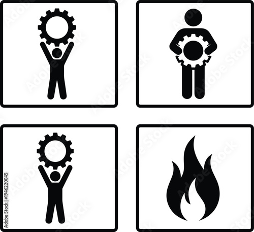 Business teamwork and productivity icons set, human figures with gear symbols and fire icon representing work efficiency, industry and performance
