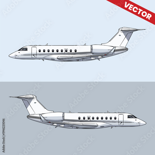 Dual Business Jet Aircraft Set Vector Illustration Two Luxury Private Planes Flying Side View Corporate Travel Aviation Design Elements Collection For Executive Transportation Branding