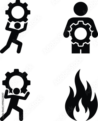 Business workflow and productivity icons, human figures with gear mechanism and fire symbol representing work process, efficiency and industry