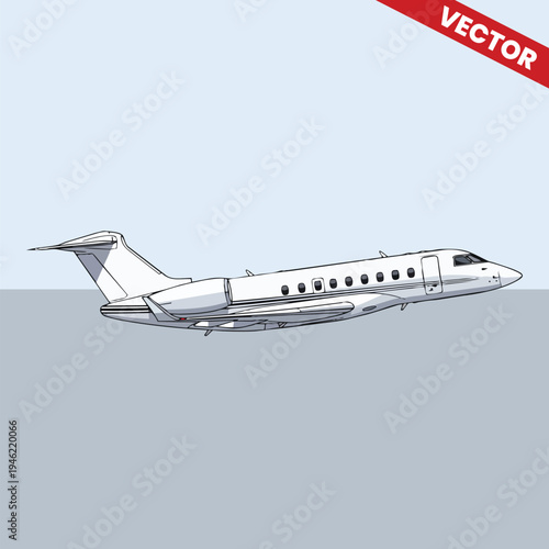 Luxury Private Jet Vector Illustration Modern Business Aircraft Flying Side View Executive Aviation Corporate Travel Transportation Design White Airplane On Soft Blue Sky Background
