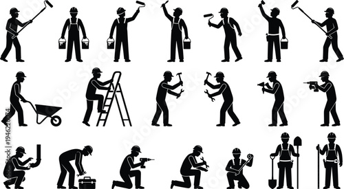 Construction worker silhouettes collection, builder and handyman icons set with tools, ladder, drill, hammer and painting equipment