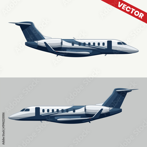 Two Private Business Jets Flying Together Vector Illustration Set Luxury Aviation Corporate Travel Concept Modern Executive Aircraft Side View Design Elements For Commercial Use