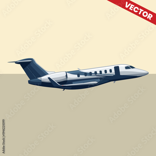 Private Jet Flying In Clear Sky Vector Illustration Luxury Business Aviation Corporate Travel Charter Service Executive Transportation Modern Airplane Side View Blue Wings Design Element