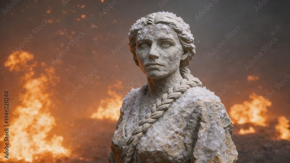 Obraz premium Sodom and Gomorrah Biblical scene: Lot's wife turning into a pillar of salt during the destruction of Sodom and Gomorrah, covered in white salt crystals.