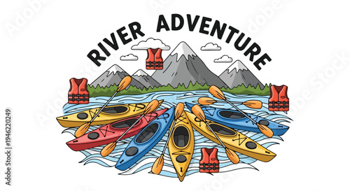 A colorful graphic illustration of kayaks on a river with mountains in the background and the words 'River Adventure' above.