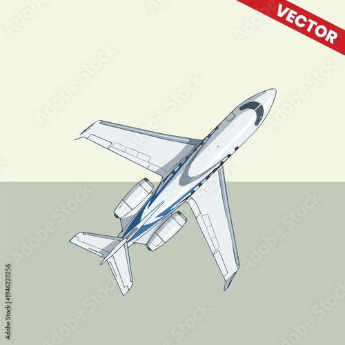 Top Angle View of Luxury Private Business Jet Aircraft Flying in the Air Executive Charter Aviation Concept Premium Corporate Travel Transportation Vector Illustration Design