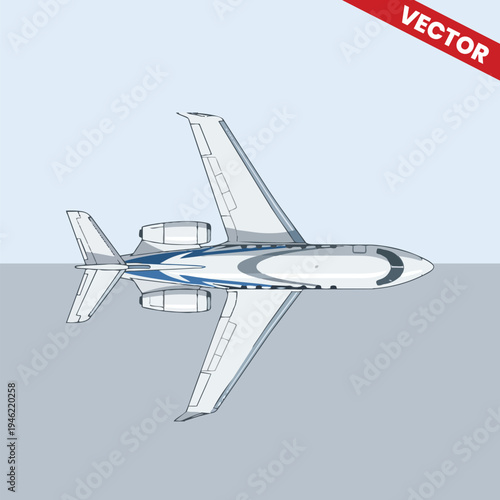 Top View of Private Jet Aircraft Flying in Blue Sky Luxury Business Aviation Executive Charter Travel Concept Premium Corporate Transportation Vehicle Vector Illustration Design