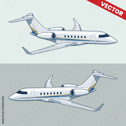 Set of Two Private Jet Vector Illustrations, Front and Side View Business Aircraft, Luxury Corporate Plane for Aviation Branding, Executive Airplane Design Elements Isolated on Background