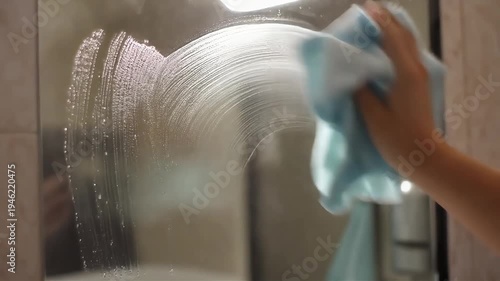 Hand wiping steam from a bathroom mirror with a blue cloth