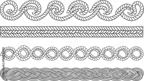 Decorative rope borders and nautical knot patterns collection, vintage braided cord design elements for marine theme vector illustration set