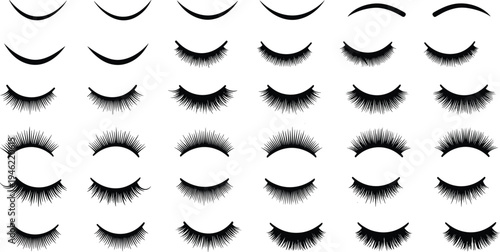 Eyelash Silhouette Collection with Different False Lash Styles and Eyebrows Beauty Makeup Design Elements Set for Cosmetics Illustration