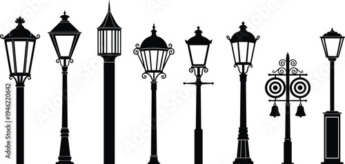 Vintage Street Lamp Post Silhouette Collection Classic Urban Lantern Lights Decorative City Lighting Design Elements Set