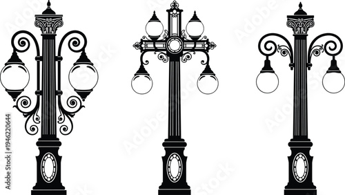 Vintage ornamental street lamp silhouettes collection with decorative iron posts and lantern lights, classic city lighting design isolated