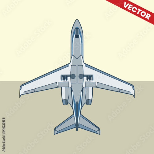 Business Jet Vector Illustration Bottom View Private Aircraft Underbelly Technical Drawing for Aviation Design Commercial Plane Underside Graphic Corporate Travel Transport Icon Element