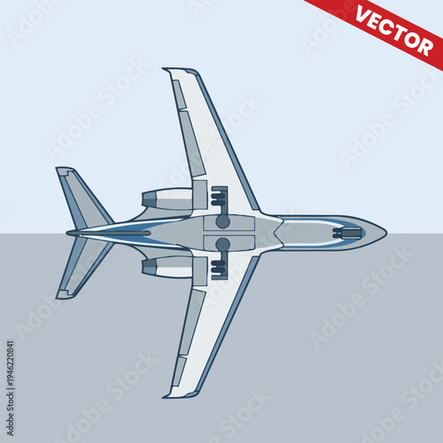 Private Jet Illustration Flying Profile View Luxury Business Aviation Corporate Travel Icon Vector Design Isolated on Blue and Grey Background Commercial Aircraft Transportation Element for Web