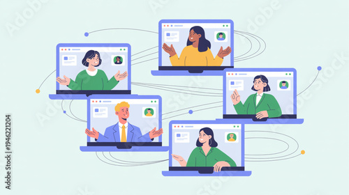 Set of 5 people on laptop screens vector, online meeting, remote work