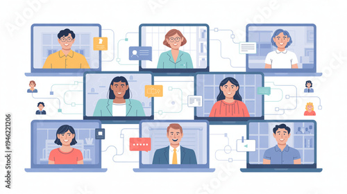 Set of 9 people on video conference vector