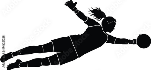 Female soccer goalkeeper diving save silhouette catching football during match isolated on white background sports action concept
