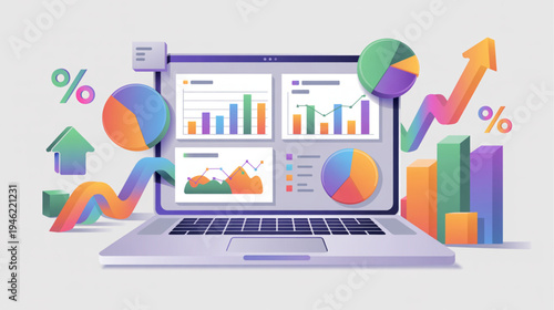 Vector business infographic elements with laptop, charts, and graphs