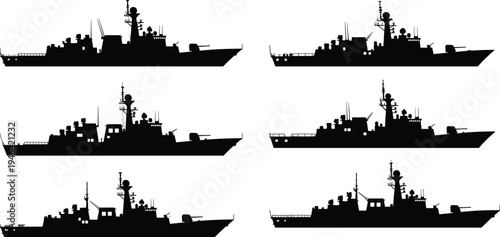Military warship destroyer silhouette collection with naval combat vessels radar towers and cannons isolated on white background maritime defense concept