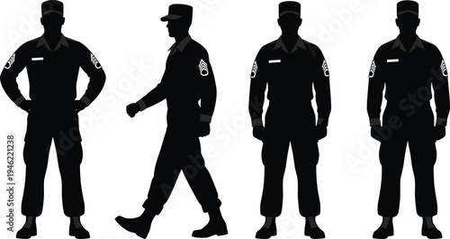 Military soldier standing and walking silhouette set with army uniform personnel isolated on white background defense security service concept