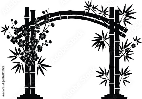 Oriental bamboo arch with cherry blossom flowers silhouette decorative garden frame Asian style nature design isolated on white background