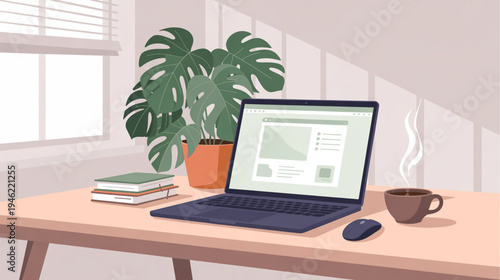 Vector illustration of a laptop on a desk with office supplies