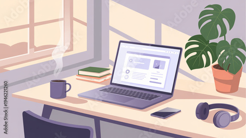 Vector illustration of a modern home office workspace with laptop, books, and plant