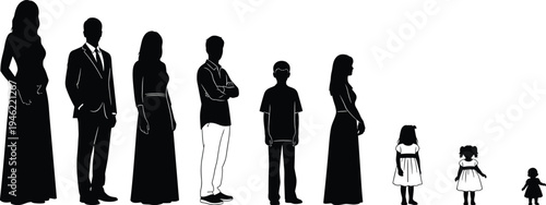 Silhouette lineup of people showing human growth stages from baby to adult, family generation height comparison concept isolated on white background