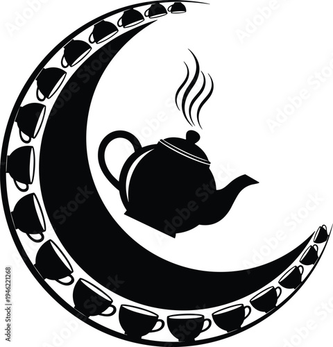 Teapot and cups crescent shape silhouette tea time concept hot beverage cafe design isolated on white background illustration