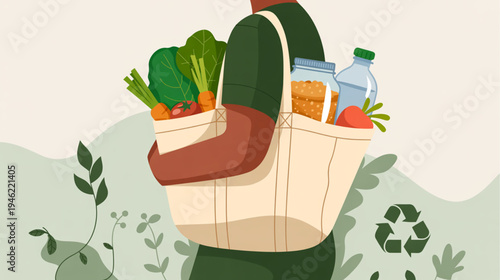 Vector illustration of a reusable shopping bag filled with groceries
