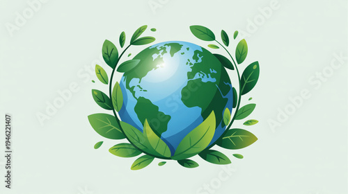 Vector earth globe icon with green leaves, eco symbol