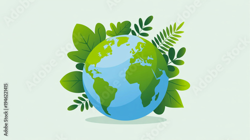 Vector illustration of globe surrounded by green leaves